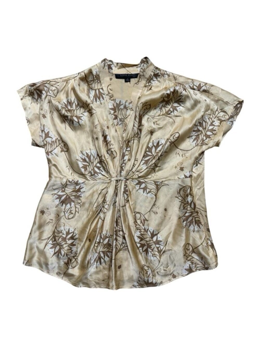 Anne Klein 100% Silk Floral Blouse Womens Size 10 Beige Brown Short Sleeve
